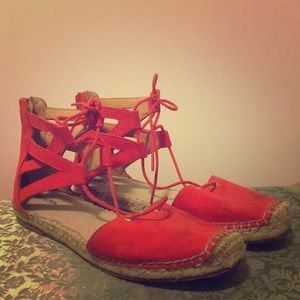 Red orange lace up espadrilles